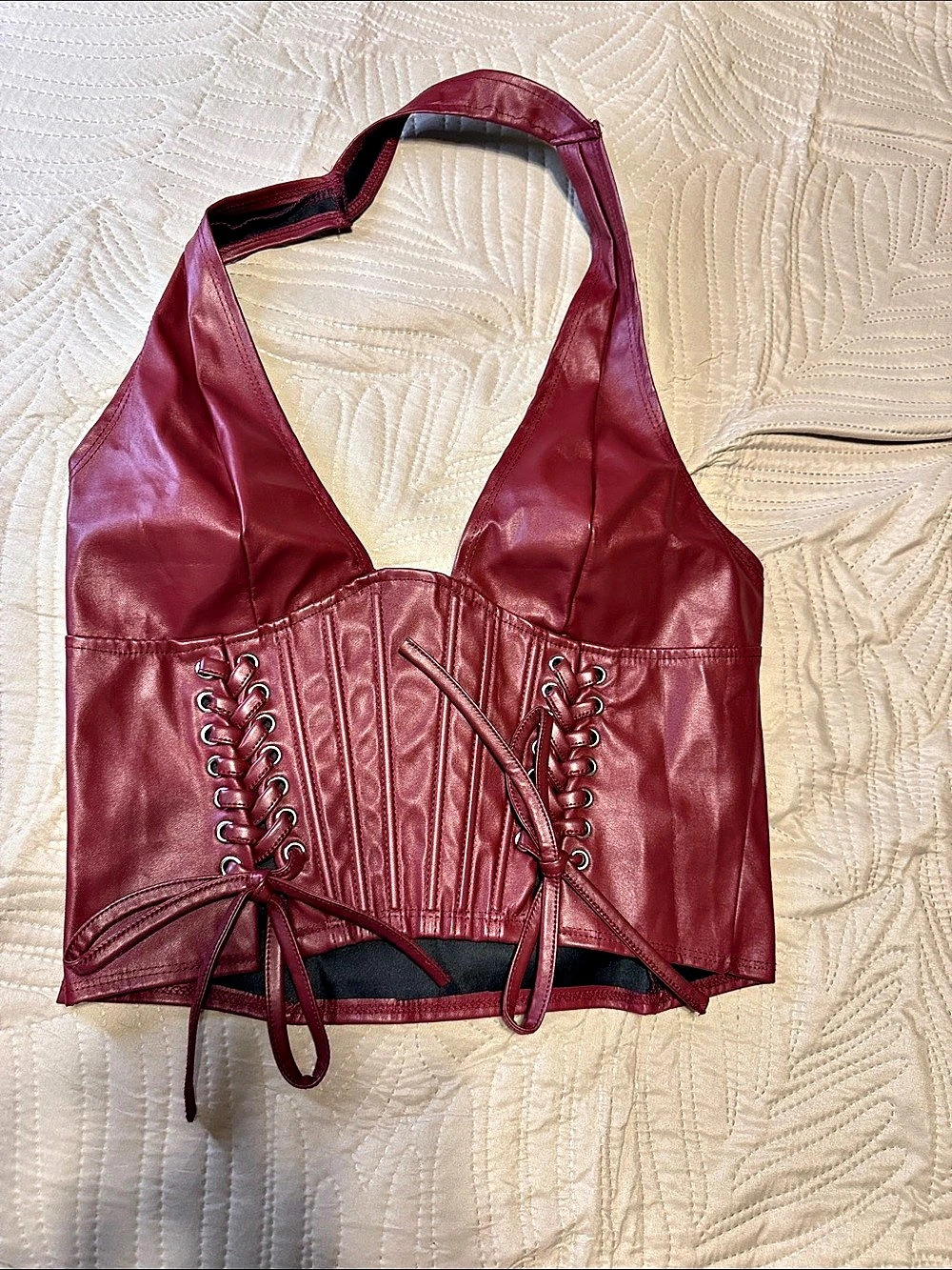 SHEIN ICON Lace Up Front PU Leather Halter Top Red4